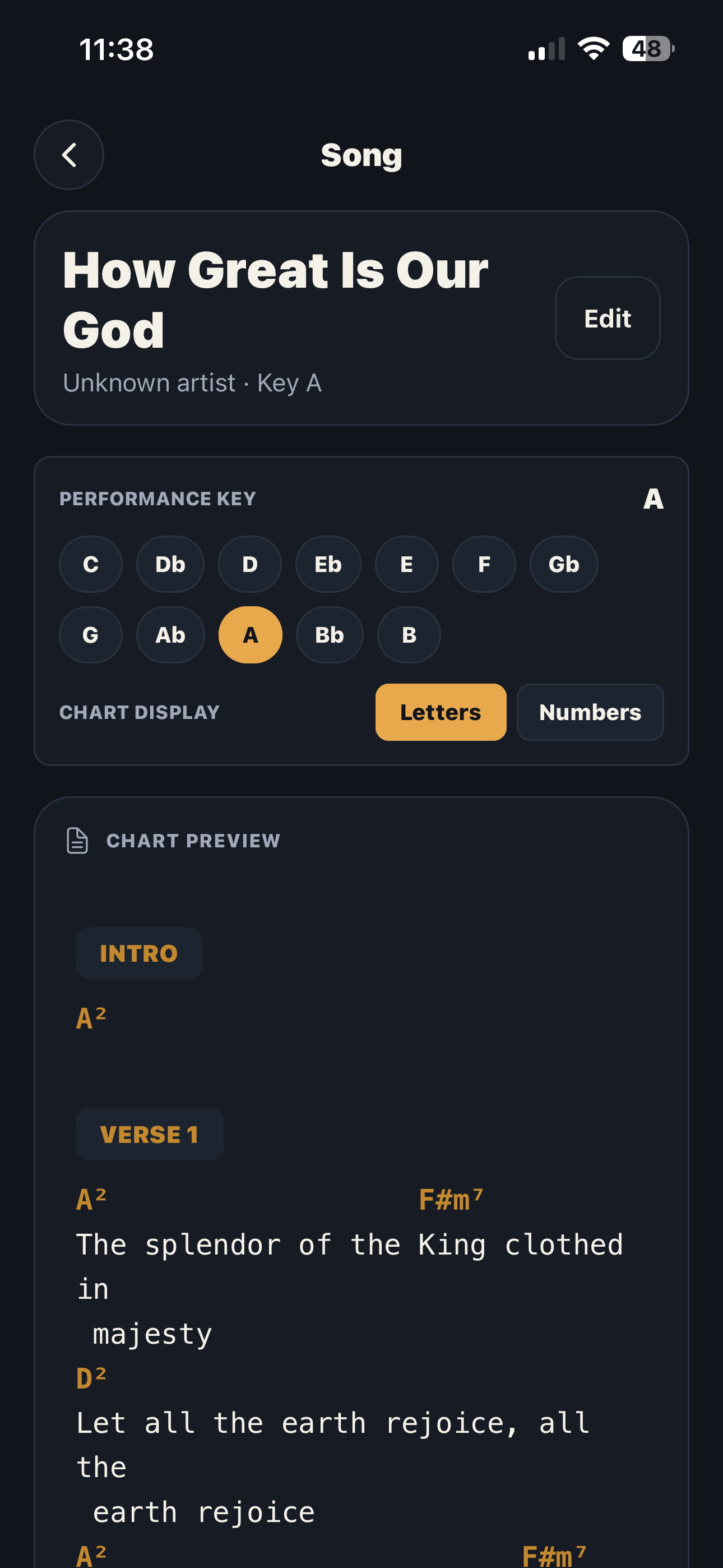 Decoded song preview with readable chart layout and quick key changes.
