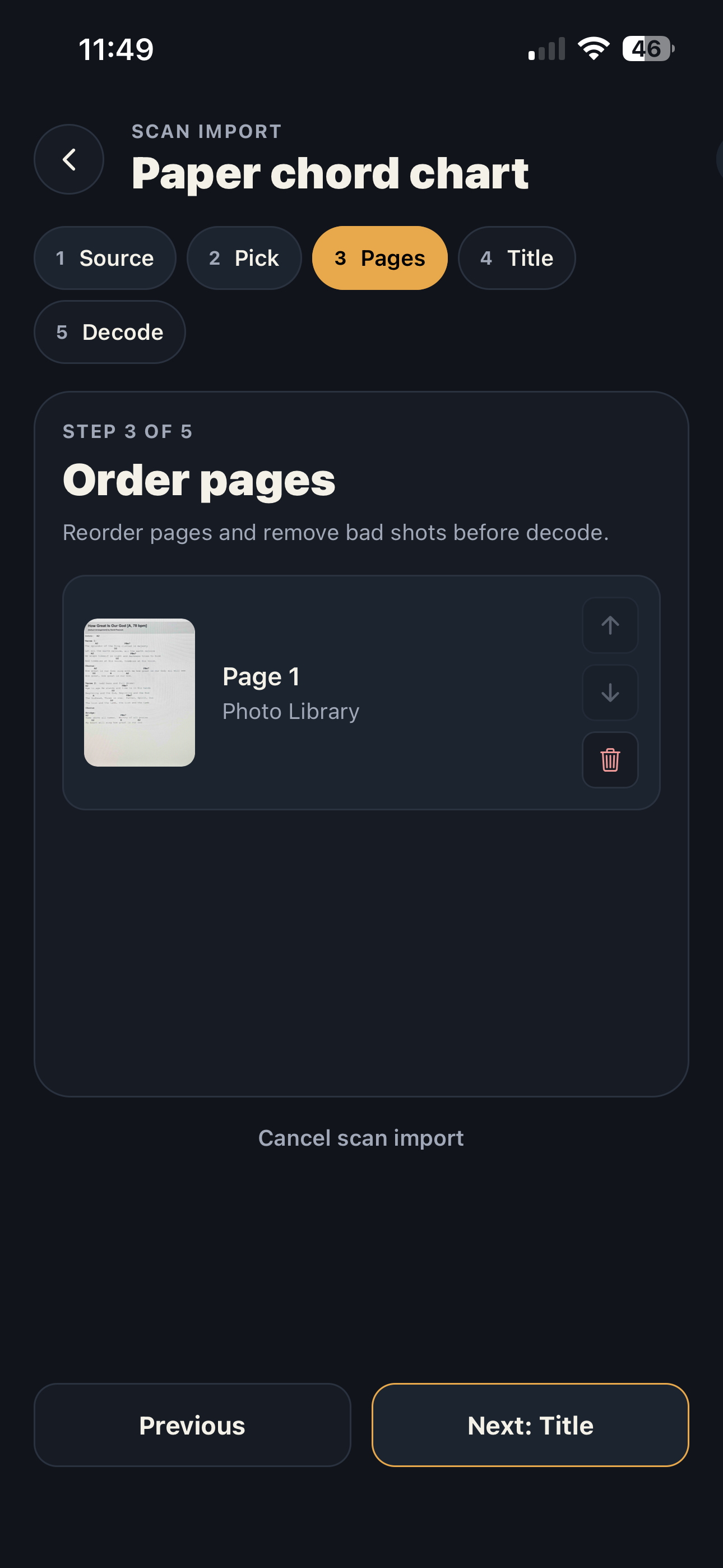 Camera scan import flow for ordering and preparing chart pages.